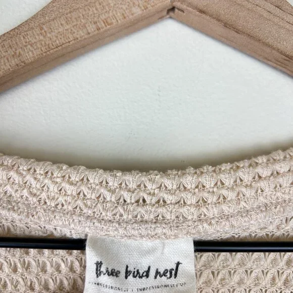 Three Bird Nest Cream Printed Sleeve Mixed Media Waffle Knit Top - Picture 4 of 6